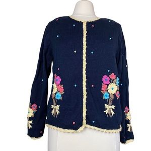 Christopher & Banks Cardigan Sweater Flower Hand Embroidered Women’s Sz Medium